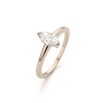 Marquise engagement ring with marquise-cut diamond and fully polished, round finish.