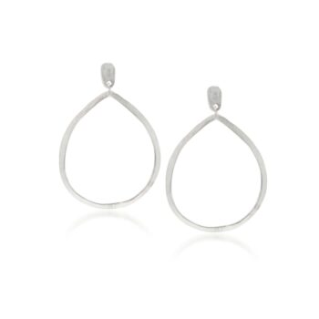 Round handmade silver dangling earrings. The earrings are made with silver studs and silver stoppers at the back, so you don't lose them quickly. A circular water drop with an opening hangs from it. The earrings are matte with shiny sides.