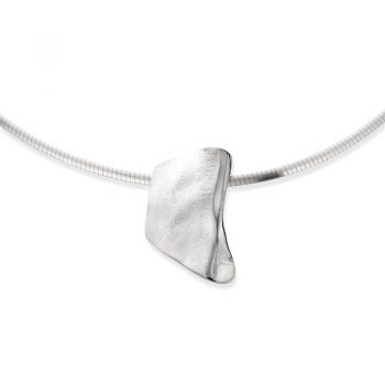 Organic silver necklace with unique pendant, matte surface finish and a flowing polished detail on the right side.